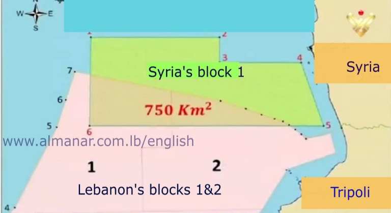 Map of Syria and Lebanon offshore blocks for gas exploration