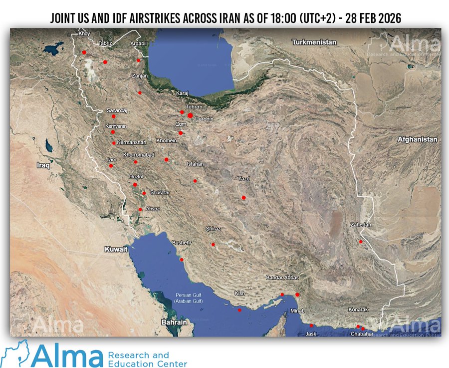 Joint US and IDF Airstrikes Across Iran as of 18:00 Feb 26 - Alma Research  and Education Center